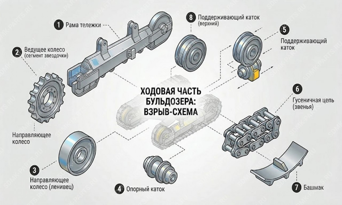 Устройство ходовой части бульдозера Shantui: инфографика компонентов.