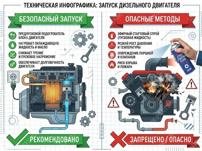 Инфографика безопасного запуска дизельного двигателя зимой