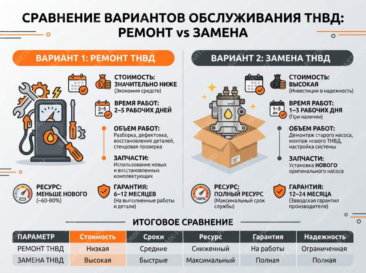 Инфографика сравнения выгоды агрегатной замены и ремонта ТНВД.