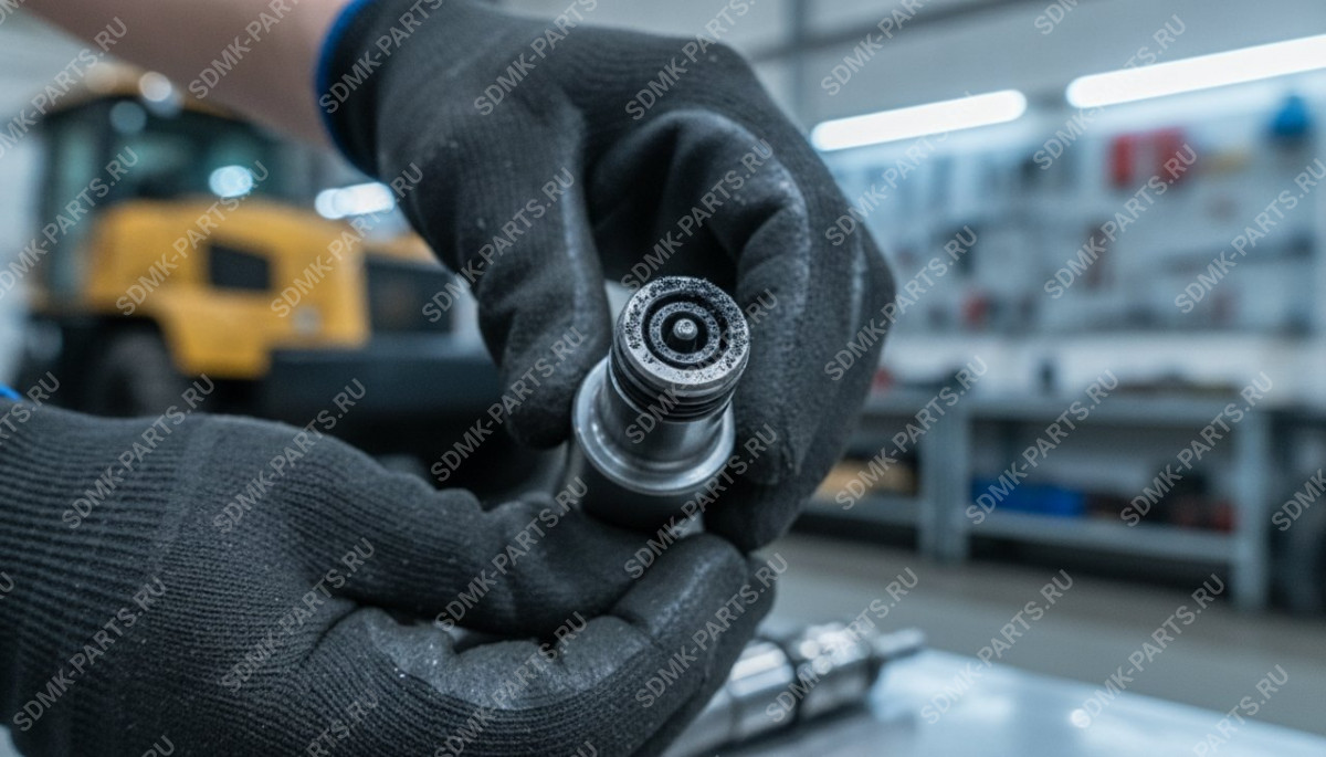 Механик проводит диагностику форсунки Common Rail спецтехники.