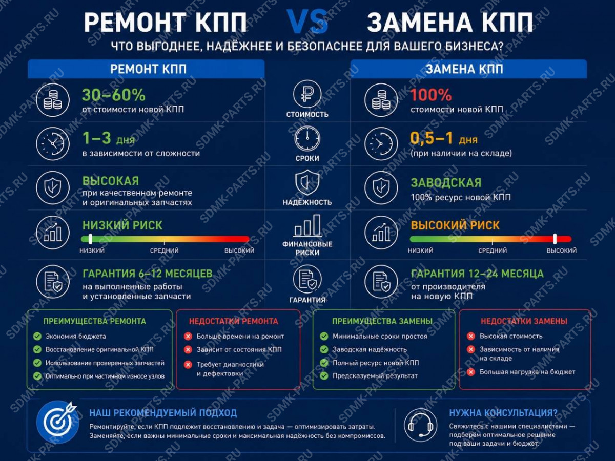 Инфографика сравнения сроков ремонта и агрегатной замены КПП спецтехники.